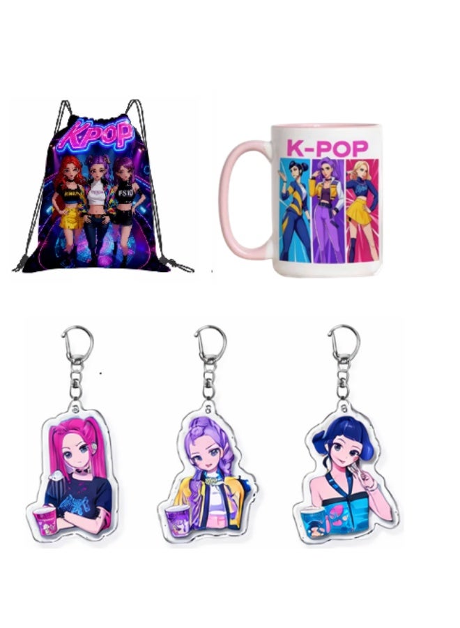 كيبوب مجموعة هدايا كيبوب - 3 سلاسل مفاتيح + كوب قهوة وردي + حقيبة ظهر برباط - مجموعة هدايا رائعة لمحبي أنمي كيبوب، تضم ميرا، رومي، وزوي - هدية عيد ميلاد للأطفال، بنين وبنات - Image 1