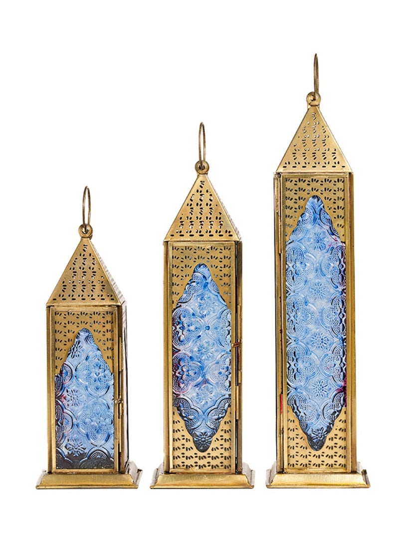 HilalFul Brass Antique Blue/Red Glass (Set of 3) Decorative Candle Holder Lanterns | Home Decor in Eid, Ramadan, Wedding | Living Room, Bedroom, Indoor, Outdoor Decoration | Islamic Themed | Moroccan - Image 1