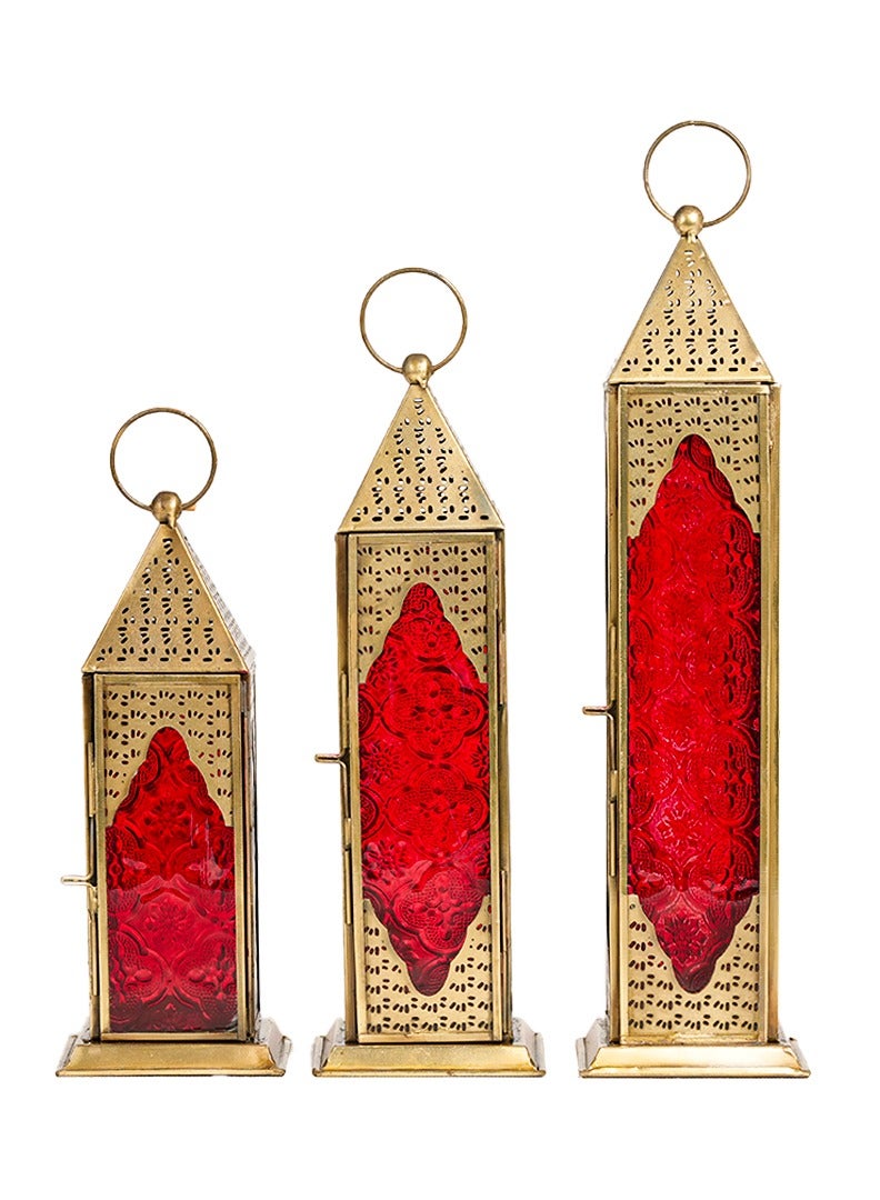 HilalFul Brass Antique Blue/Red Glass (Set of 3) Decorative Candle Holder Lanterns | Home Decor in Eid, Ramadan, Wedding | Living Room, Bedroom, Indoor, Outdoor Decoration | Islamic Themed | Moroccan - Image 3