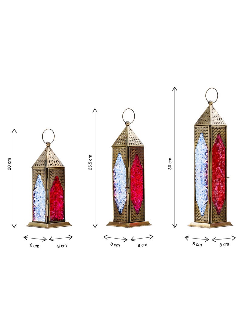 HilalFul Brass Antique Blue/Red Glass (Set of 3) Decorative Candle Holder Lanterns | Home Decor in Eid, Ramadan, Wedding | Living Room, Bedroom, Indoor, Outdoor Decoration | Islamic Themed | Moroccan - Image 2