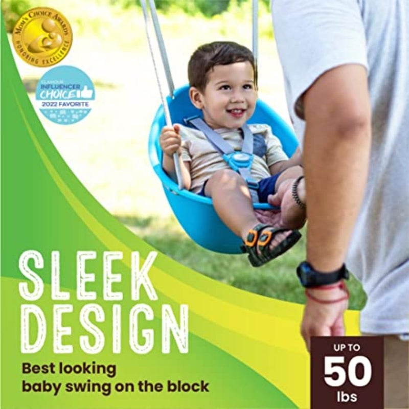 Swurfer Coconut - Your Child's First Swing with Blister Free Rope and 3-Point Safety Harness - Indoor and Outdoor - Swing for Babies and Toddlers - Ages 9 + Months - Up to 50 lbs, Blue - Image 4