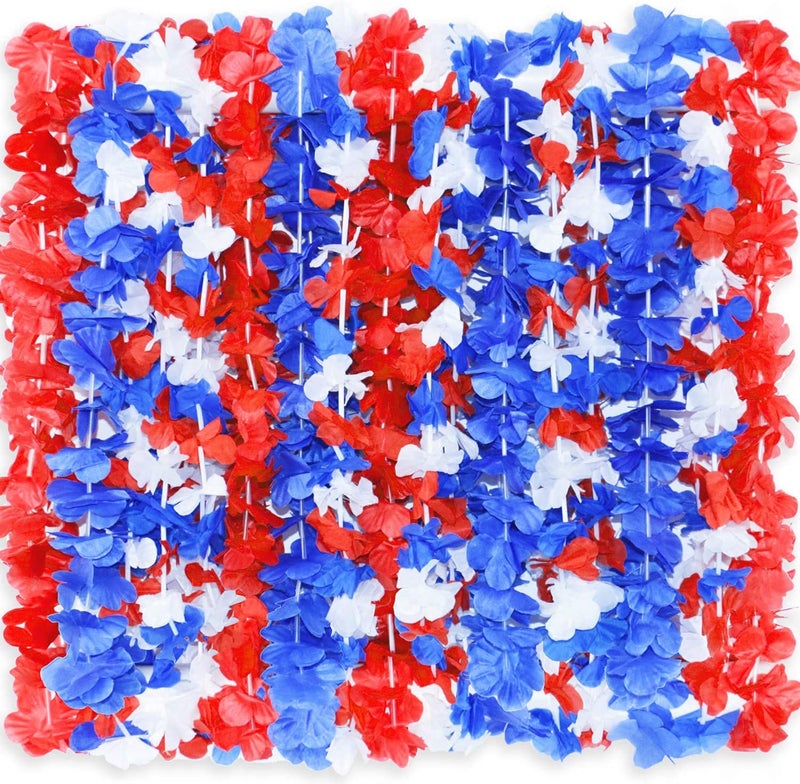LALASTAR Red White and Blue Flower Leis Memorial Day Decorations 4th of July Memorial Day Patriotic Decorations Hawaiian Luau Flower Necklace Party Favors Pack of 12
