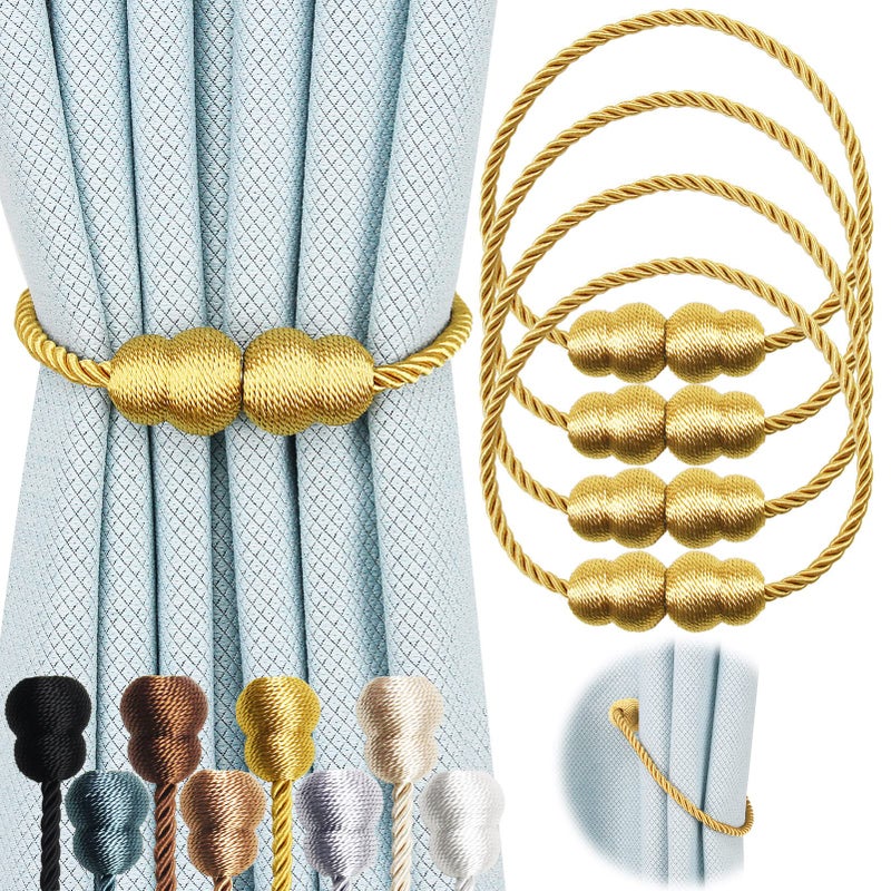 Hangtty Magnetic Curtain Tiebacks 4 Pack Rope Decorative Curtain Tie Backs Elegant Curtain Holders for Drapes Outdoor Window Treatment Holdbacks Gold