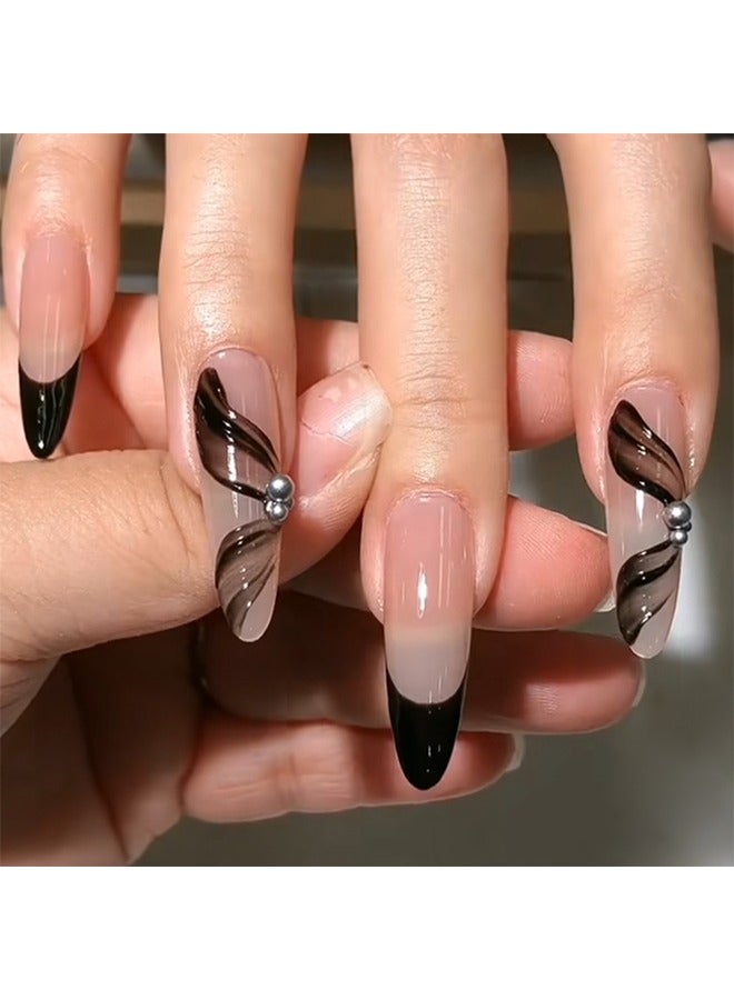 NIBEMINENT 24Pcs Fake Nails, Press Nails In Box,Long-length Almond shaped Solid Black Color Shiny Nail Art,Flower,Butterfly Pearl,Fake Nail Patch - Image 1
