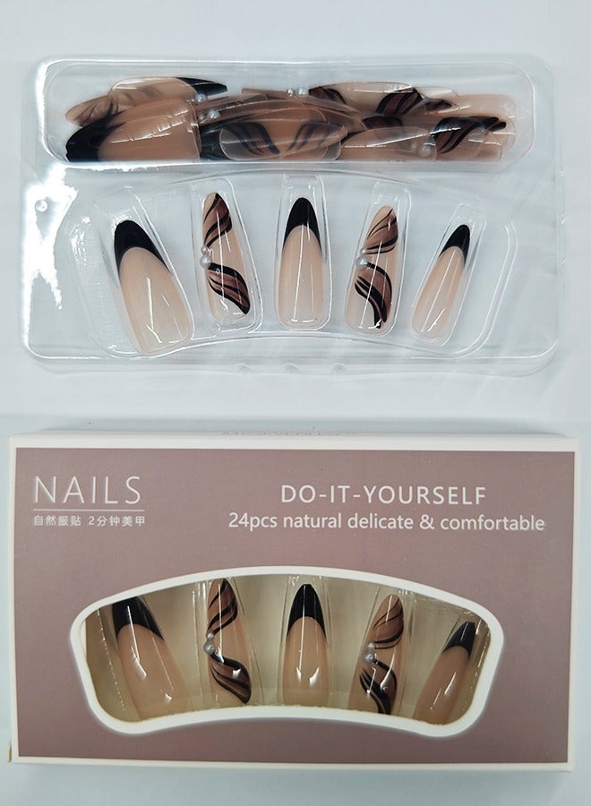 NIBEMINENT 24Pcs Fake Nails, Press Nails In Box,Long-length Almond shaped Solid Black Color Shiny Nail Art,Flower,Butterfly Pearl,Fake Nail Patch - Image 2