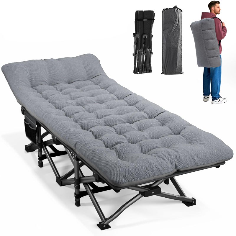 ATORPOK Camping Cot for Adults with Cushion Comfortable, Portable Folding Bed for Sleeping Supports 450 lbs (Gray) - Image 1