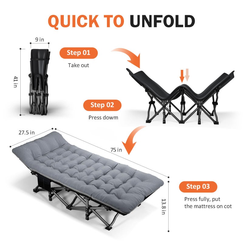 ATORPOK Camping Cot for Adults with Cushion Comfortable, Portable Folding Bed for Sleeping Supports 450 lbs (Gray) - Image 2