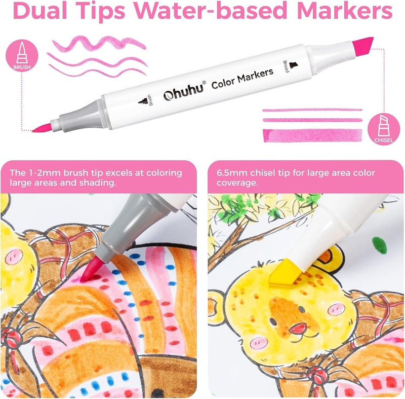 Ohuhu Markers for Adult Coloring Books No Bleeding 60 Colors Water-based Dual Tips Brush & Fine Coloring Markers for Kids Adults Beginners Drawing Pens for Journaling Lettering (Brush & Chisel) - Image 4