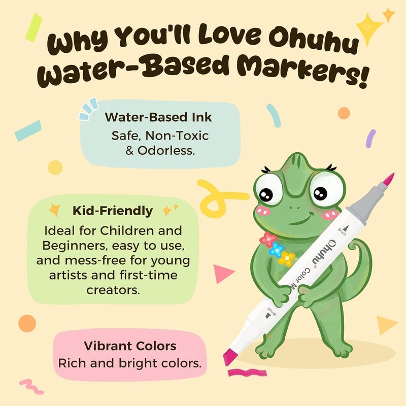 Ohuhu Markers for Adult Coloring Books No Bleeding 60 Colors Water-based Dual Tips Brush & Fine Coloring Markers for Kids Adults Beginners Drawing Pens for Journaling Lettering (Brush & Chisel) - Image 2