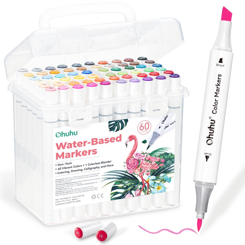 Ohuhu Markers for Adult Coloring Books No Bleeding 60 Colors Water-based Dual Tips Brush & Fine Coloring Markers for Kids Adults Beginners Drawing Pens for Journaling Lettering (Brush & Chisel) - Image 1