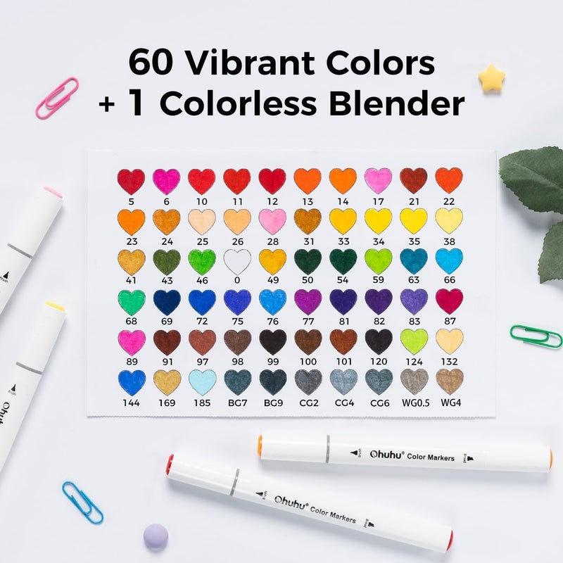 Ohuhu Markers for Adult Coloring Books No Bleeding 60 Colors Water-based Dual Tips Brush & Fine Coloring Markers for Kids Adults Beginners Drawing Pens for Journaling Lettering (Brush & Chisel) - Image 3