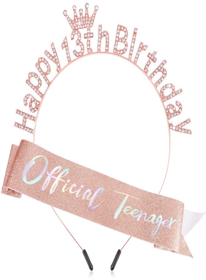Atoden 13th Birthday Decorations for Girls Official Teenager Sash 13 Year Old Tiara Crown Headbands Thirteen Hair Band Happy 13th Birthday Gifts for Girls Rose Gold - Image 1