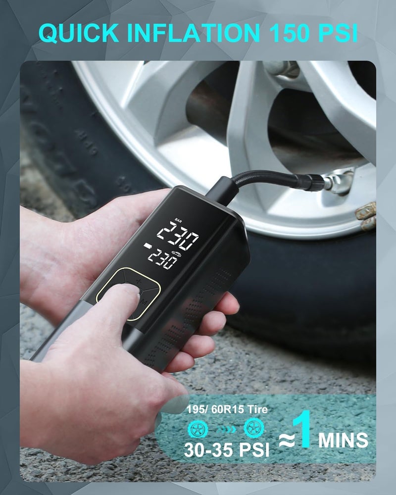 VXSCAN Portable Digital Tyre Inflator Air Compressor - 150 PSI Fast Inflation, 8000 mAh Wireless Pump for Car, Motorcycle, and Balls - Image 2