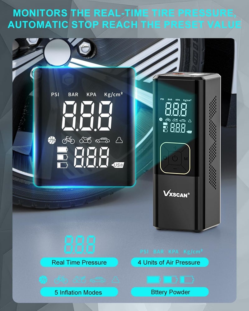 VXSCAN Portable Digital Tyre Inflator Air Compressor - 150 PSI Fast Inflation, 8000 mAh Wireless Pump for Car, Motorcycle, and Balls - Image 4