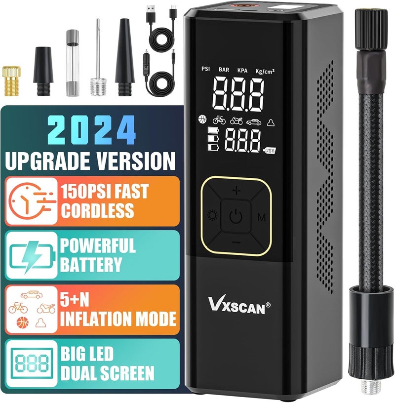 VXSCAN Portable Digital Tyre Inflator Air Compressor - 150 PSI Fast Inflation, 8000 mAh Wireless Pump for Car, Motorcycle, and Balls - Image 1