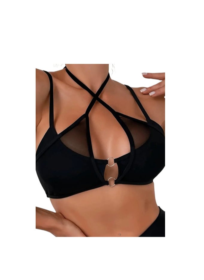 Hanady - Korean Butter Fabric Padded Bra with Tulle, Lycra Elastic, and Metallic Rings - Black Color HN 6008 - Image 1
