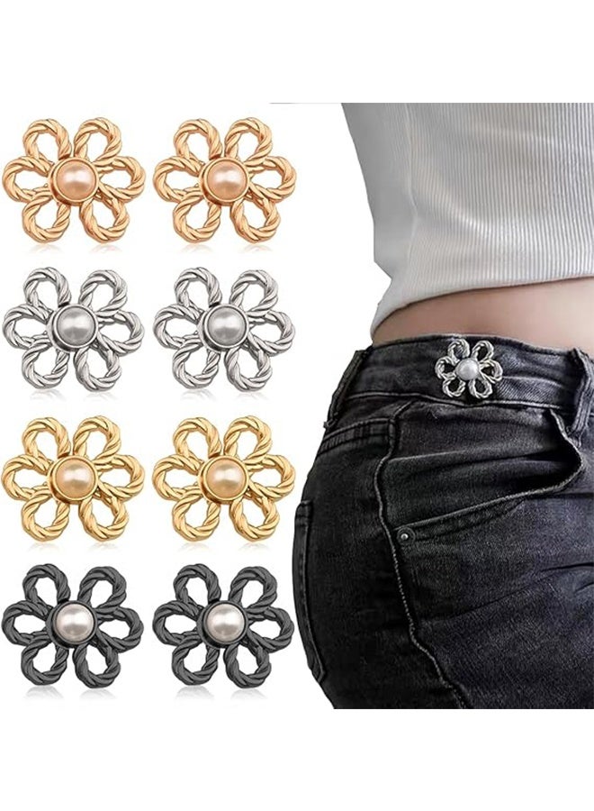 8 Sets Flower Jeans Button Pant Waist Tightener, Adjustable Waist Buckle Sets No Sew and No Tools Detachable Decorative Buckles, Jean Buttons Pins for Loose, Pants, Skirts, Sleeves - Image 1