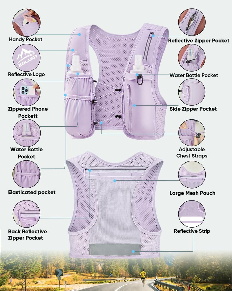 Zelvot Running Vest for Women Men, USA Original Patent, Adjustable Chest Straps Running Hydration Vest with 500ml Soft Flask, Lightweight Reflective Hydration Backpack for Marathon (Purple, XS/S) - Image 5