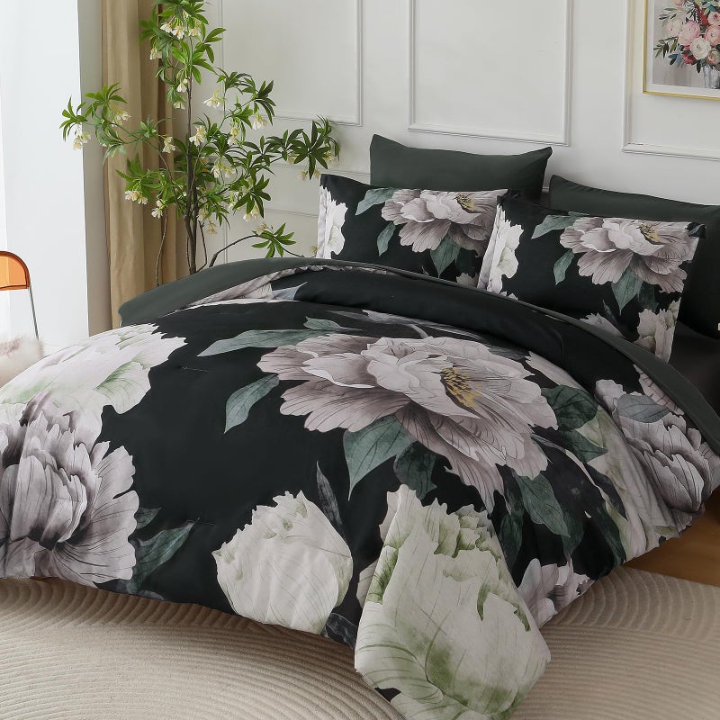 Dobuyly Black Comforter Set Queen 7 Piece Bed in a Bag, Floral Comforter Set with Sheets, Soft Microfiber Botanical Flower Bedding Set for All Season - Image 2