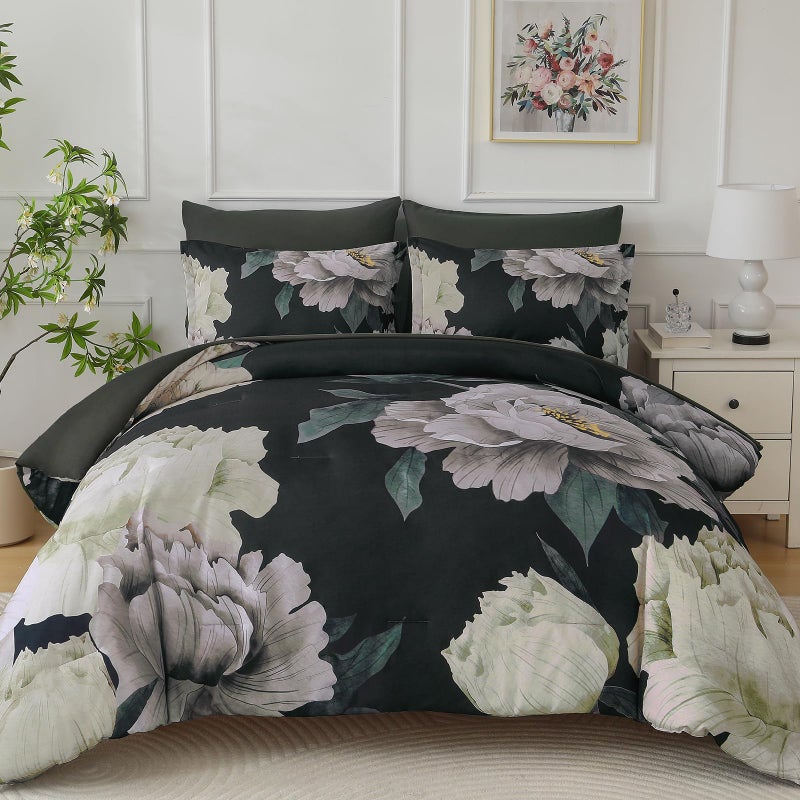 Dobuyly Black Comforter Set Queen 7 Piece Bed in a Bag, Floral Comforter Set with Sheets, Soft Microfiber Botanical Flower Bedding Set for All Season - Image 1