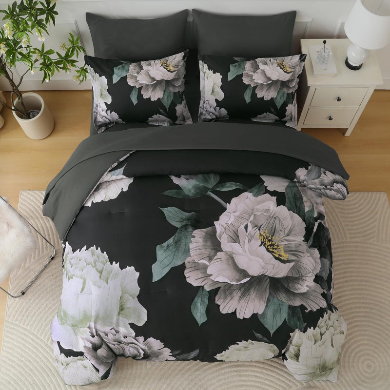 Dobuyly Black Comforter Set Queen 7 Piece Bed in a Bag, Floral Comforter Set with Sheets, Soft Microfiber Botanical Flower Bedding Set for All Season - Image 3