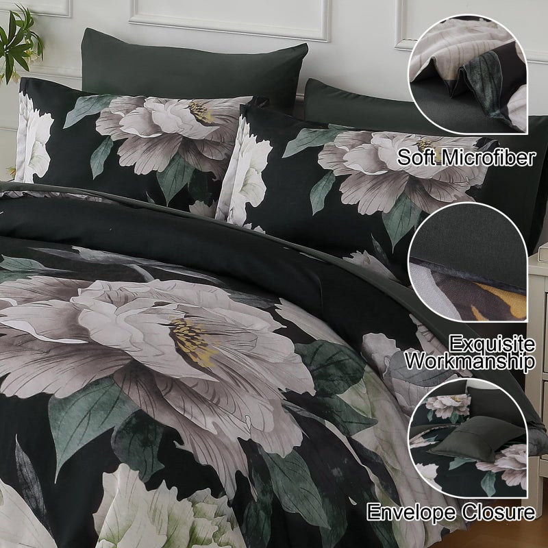 Dobuyly Black Comforter Set Queen 7 Piece Bed in a Bag, Floral Comforter Set with Sheets, Soft Microfiber Botanical Flower Bedding Set for All Season - Image 4