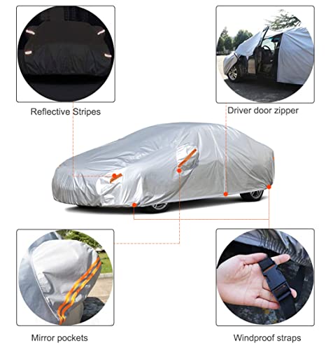 Kayme Car Covers for Automobiles Waterproof All Weather Sun Uv Rain Protection with Zipper Mirror Pocket Fit Toyota Camry, Honda Accord/Civic, Nissan Altima, Kia K5 etc.(186 to 193 Inch) 3XL - Image 3