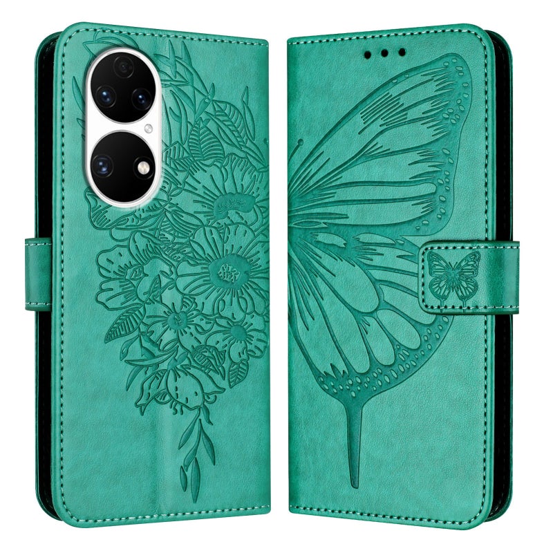 BURAQ Case Cover For Huawei P50 Embossed Butterfly Leather Phone Case(Green) - Image 1