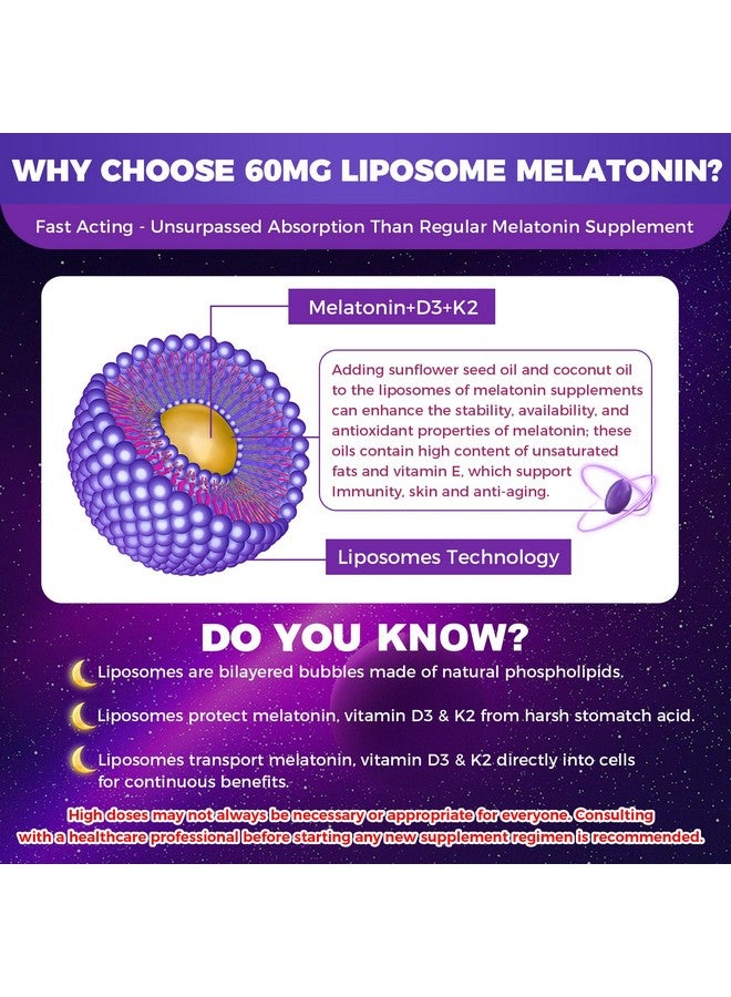 NEVISS Melatonin 60mg for Adults High Dose, Supports Deep Sleep & Brain Cognition, Extra Strength Liposomal Melatonin with Vitamin D3 K2, Chamomile, for Sound Sleep Cycle, Immune & Antioxidant, 150 Softgels - Image 3