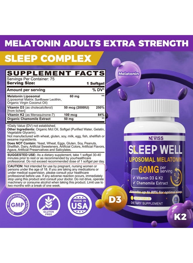 NEVISS Melatonin 60mg for Adults High Dose, Supports Deep Sleep & Brain Cognition, Extra Strength Liposomal Melatonin with Vitamin D3 K2, Chamomile, for Sound Sleep Cycle, Immune & Antioxidant, 150 Softgels - Image 2