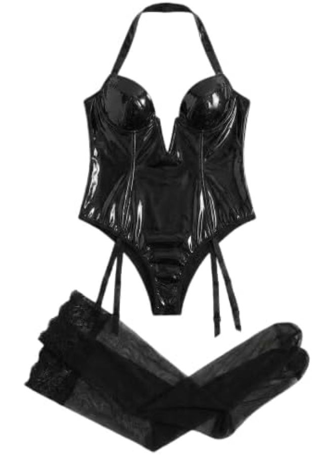 Hanady Women’s Faux Leather Stretchy Lingerie Open Design Halter Neck with Attached Stockings Modern Cut Fits Up to 120kg (Hn 7230) - Image 1