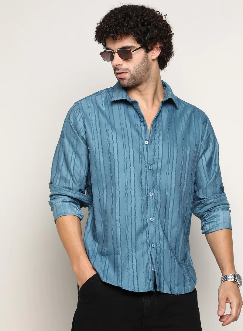 Campus Sutra Men's Azure Blue Ripple-Edge Shirt For Casual Wear | Spread Collar | Long Cuffed Sleeves | Button Closure | Shirt Crafted With Comfort Fit For Everyday Wear