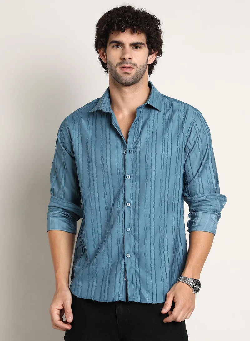 Campus Sutra Men's Azure Blue Ripple-Edge Shirt For Casual Wear | Spread Collar | Long Cuffed Sleeves | Button Closure | Shirt Crafted With Comfort Fit For Everyday Wear