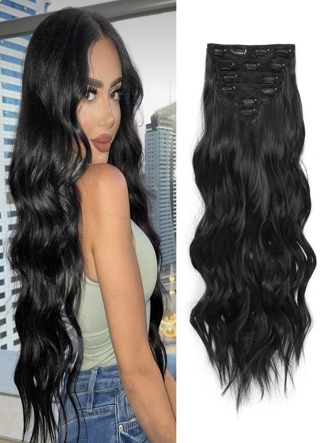 Fliace Synthetic Clip in Black Hair Extensions for Women, 6 PCS Natural Black Hair Extensions, Thick Hairpieces Double Weft Wavy Hairpieces, Soft Hair & Blends Well (20inch, 6pcs, Natural Black) - Image 1