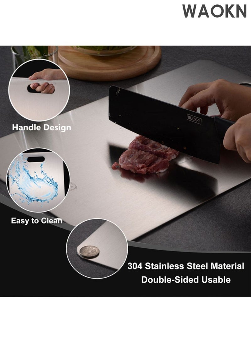 دبليو أيه أو كي أن لوح تقطيع من الفولاذ المقاوم للصدأ، لوح تقطيع مزدوج الجوانب، لوح تقطيع من مادة 304 الغذائية، مقاوم للتآكل ومقاوم للصدأ، مناسب لقطع اللحوم والفواكه والخضروات والمكونات الأخرى، سهل التنظيف والتعقيم ومقاوم للعفن. - Image 5