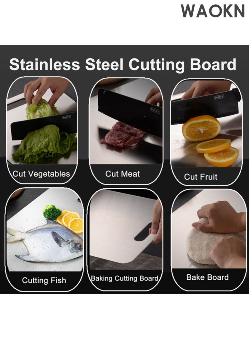 دبليو أيه أو كي أن لوح تقطيع من الفولاذ المقاوم للصدأ، لوح تقطيع مزدوج الجوانب، لوح تقطيع من مادة 304 الغذائية، مقاوم للتآكل ومقاوم للصدأ، مناسب لقطع اللحوم والفواكه والخضروات والمكونات الأخرى، سهل التنظيف والتعقيم ومقاوم للعفن. - Image 3