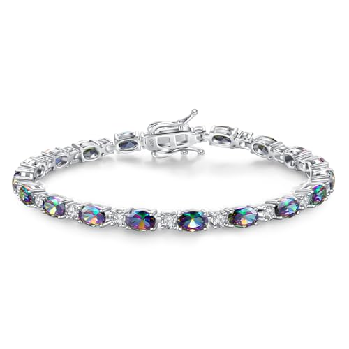 FANCIME Sterling Silver Created Oval Alexandrite Tennis Bracelet 4mm Birthstone Bracelet June Birthstone Jewelry Birthday Gift for Women 7" - Image 1