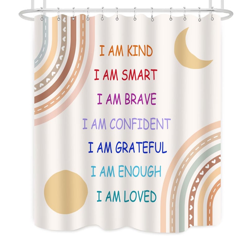 ZXMBF ZXMBF Boho Rainbow Quotes Shower Curtain Colorful Inspirational Positive Kids Teen Girls Abstract Moon Sun Fabric Home Bathroom Decor Waterproof Fabric 72Lx60W Inch with Plastic 12PCS Hooks - Image 2