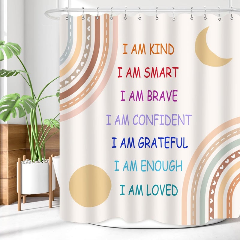 ZXMBF ZXMBF Boho Rainbow Quotes Shower Curtain Colorful Inspirational Positive Kids Teen Girls Abstract Moon Sun Fabric Home Bathroom Decor Waterproof Fabric 72Lx60W Inch with Plastic 12PCS Hooks - Image 3