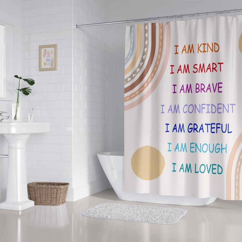 ZXMBF ZXMBF Boho Rainbow Quotes Shower Curtain Colorful Inspirational Positive Kids Teen Girls Abstract Moon Sun Fabric Home Bathroom Decor Waterproof Fabric 72Lx60W Inch with Plastic 12PCS Hooks - Image 4