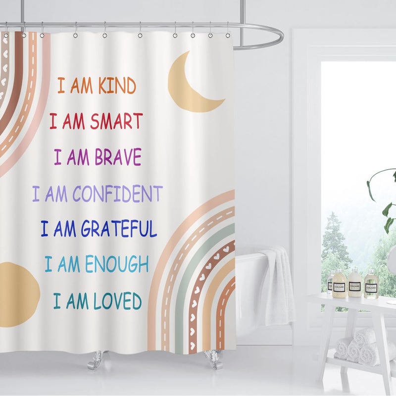 ZXMBF ZXMBF Boho Rainbow Quotes Shower Curtain Colorful Inspirational Positive Kids Teen Girls Abstract Moon Sun Fabric Home Bathroom Decor Waterproof Fabric 72Lx60W Inch with Plastic 12PCS Hooks - Image 1