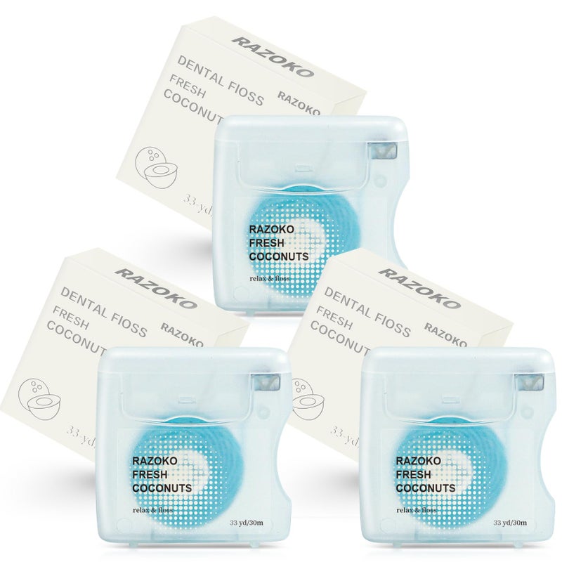 RAZOKO Coconut Oil Infused Woven Dental Floss, Vegan and Cruelty-Free, Coconut Scent, 6 Month Supply (33 Yds x 3 Units) - Image 1