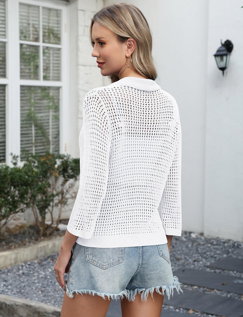 LOMON Women's Shrug Sweaters 3/4 Length Sleeve Openwork Knit Cardigans Shrug Beach Coverups White - Image 3