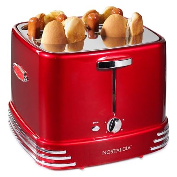 Nostalgia 4 Slot Hot Dog and Bun Toaster with Mini Tongs, Hot Dog Toaster Works with Chicken, Turkey, Veggie Links, Sausages and Brats, Metallic Red