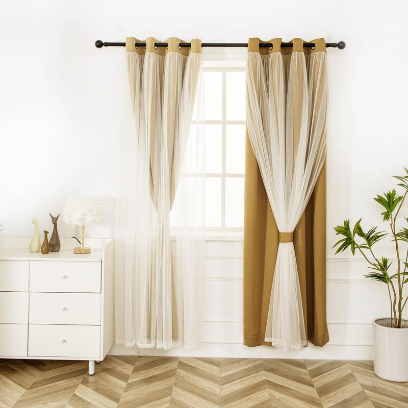 INLINAS 52 x 96 Inches Gold Blackout Curtains with Sheer Overlay - Grommet Top Thermal and Noise Reduction Panels for Bedroom and Living Room Light Blocking and Energy Saving, Set of 2 - Image 1