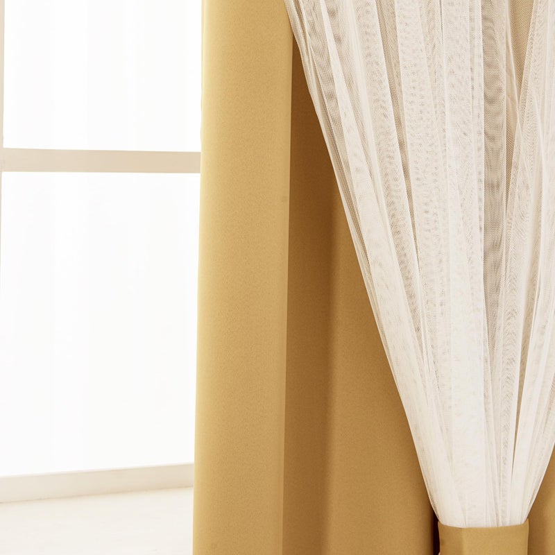 INLINAS 52 x 96 Inches Gold Blackout Curtains with Sheer Overlay - Grommet Top Thermal and Noise Reduction Panels for Bedroom and Living Room Light Blocking and Energy Saving, Set of 2 - Image 4