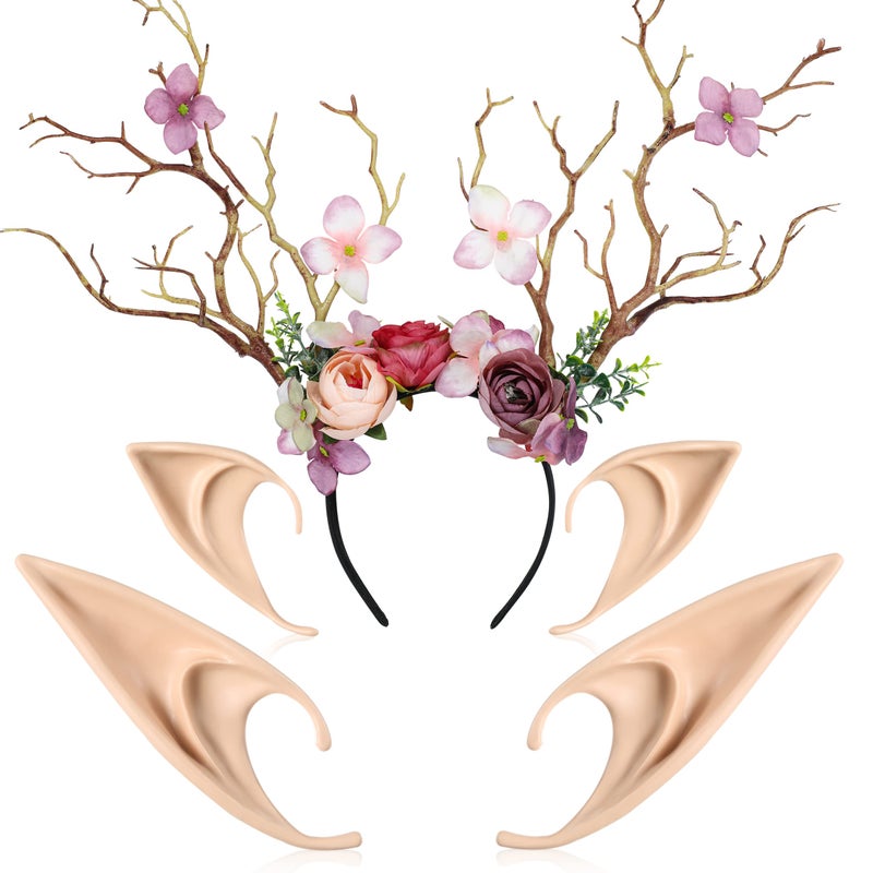 FRESHME Renaissance Elf Ears with Antlers Headbands Forest Reindeer Flower Crown Pink Branches Tree Tiara and Fairy Pointy Ears for Women s Halloween Renfaire Fantasy Masquerade Cosplay Costume