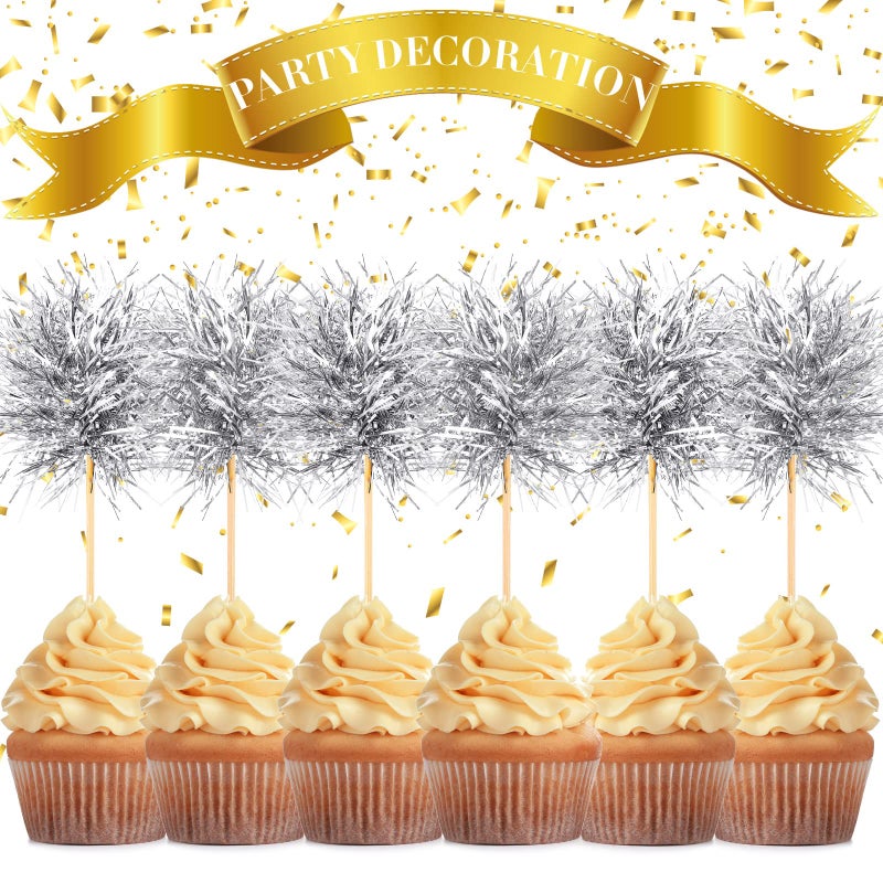 Chinco 100 Pcs Foil Firework Cupcake Toppers Sparkle Tinsel Cake Toppers Cake Decoration Cocktail Fruit Toothpick for Birthday Wedding Graduation Party(Silver) - Image 3