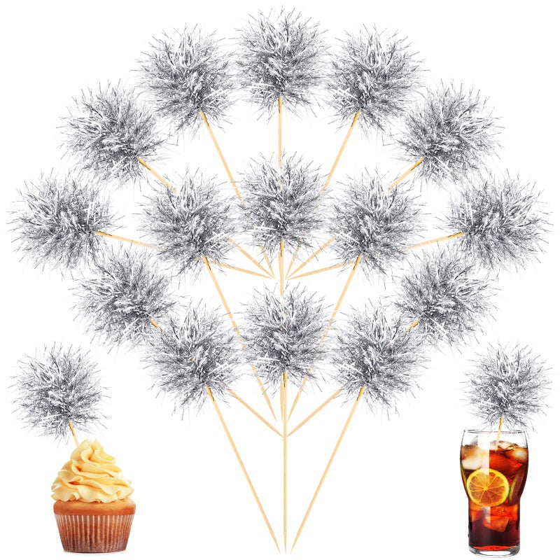Chinco 100 Pcs Foil Firework Cupcake Toppers Sparkle Tinsel Cake Toppers Cake Decoration Cocktail Fruit Toothpick for Birthday Wedding Graduation Party(Silver) - Image 1