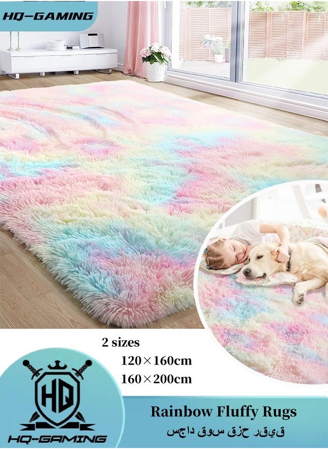 HQ-GAMING Fluffy Rainbow Area Rugs for Girls Bedroom Furry Rug Ultra Soft Fluffy Area Rugs Anti Slip Plush Carpets High Pile Tie Dye Rugs for Living Room Bedroom Kids Room Kawaii Princess Rug  - Image 1